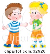 Poster, Art Print Of Brunette Boy Holding His Arms Out While Talking To A Little Blond Girl