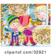 Poster, Art Print Of Two Birds In A Tree Watching Children Wave To A Woman In A Window While Playing Outside In The Snow