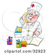 Clipart Illustration Of A Friendly Senior Doctor Talking To A Customer On A Phone While Filling Prescriptions by Alex Bannykh