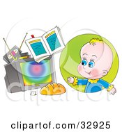 Poster, Art Print Of Baby Boy Watching Tv With Videos On Top