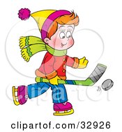 Clipart Illustration Of A Red Haired Boy Playing Ice Hockey In The Winter by Alex Bannykh