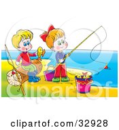 Poster, Art Print Of Boy And Girl Having Fun While Fishing On A Beach