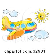 Poster, Art Print Of Little Boy Looking Out Of A Window On A Yellow Airplane Flying Through A Sunny Sky