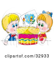 Poster, Art Print Of Happy Boy And Girl Twins Smiling While Preparing To Blow Out Candles On Their Birthday Cake
