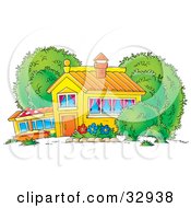 School House Home Or Building With Curtains In The Windows And A Flower Garden In The Yard