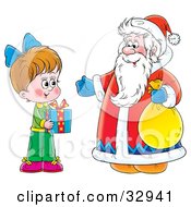 Poster, Art Print Of Little Girl Holding A Gift And Standing With Santa