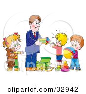 Poster, Art Print Of Father Giving Toys And Gifts To His Children