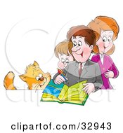 Poster, Art Print Of Cat Watching A Mother Father And Son Writing In A Family Photo Album