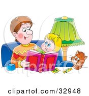 Poster, Art Print Of Father Sitting With A Cat And His Son Reading A Book