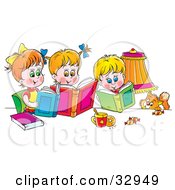Poster, Art Print Of Cat Watching A Boy And His Two Sisters Read Books