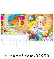Clipart Illustration Of Happy Grandchildren Hugging Grandma At A Table While A Cow Chews On Grass In The Window by Alex Bannykh