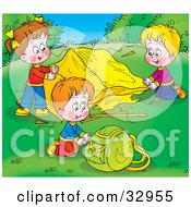 Poster, Art Print Of Children Setting Up Their Tent At A Campground