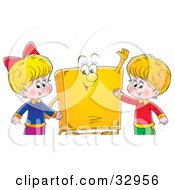 Poster, Art Print Of Happy Boy And Girl Standing With A Yellow Book Character