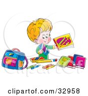 Poster, Art Print Of Happy Blond Boy Holding Up His School Supplies