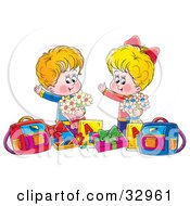 Poster, Art Print Of Happy Boy And Girl Holding Flowers Standing With Presents And Bags
