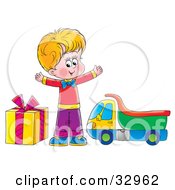 Poster, Art Print Of Happy Blond Boy Standing Between A Gift And A Toy Truck