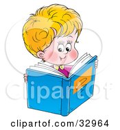 Poster, Art Print Of Cute Little Boy Reading A Blue Book