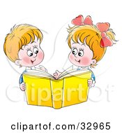 Poster, Art Print Of Happy Brother And Sister Reading A Yellow Book Together