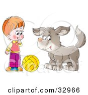 Poster, Art Print Of Boy And Dog Playing With A Yellow Ball