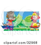 Poster, Art Print Of Girl Playing The Part Of Little Red Riding Hood And A Boy In A Wolf Costume Entertaining People During A Drama Play