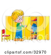 Poster, Art Print Of Blond Boy Looking At Messy Shelves In A Locker Room