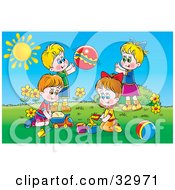 Poster, Art Print Of Two Boys And Two Girls Playing With Sand Toy Cars And A Ball Outside On A Sunny Day