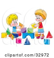 Clipart Illustration Of Two Brothers Playing With Toy Blocks by Alex Bannykh