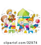 Clipart Illustration Of Happy Children Playing With Blocks And Teddy Bears Around A Sand Box by Alex Bannykh