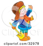 Poster, Art Print Of Friendly Boy In Winter Clothing Carrying A Shovel