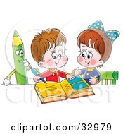 Little Boy And Girl Studying Together A Green Colored Pencil Watching