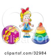 Poster, Art Print Of Blond Girl Standing Between A Ball And Ring Toys