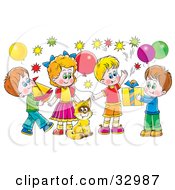 Clipart Illustration Of A Cat Surrounded By Children And Balloons At A Birthday Party by Alex Bannykh