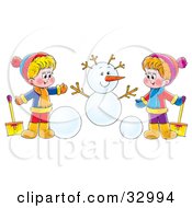 Poster, Art Print Of Boy And Girl Holding Shovels And Making A Snowman