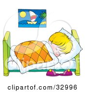 Little Blond Boy Sound Asleep In His Bed