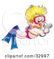 Clipart Illustration Of A Blond Boy Scuba Diving And Taking Underwater Pictures by Alex Bannykh