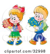 Poster, Art Print Of Little Boy And Girl Walking Home From School With Flowers