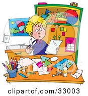 Clipart Illustration Of A Blond Teen Boy Sitting At A Desk And Cutting Out Shapes