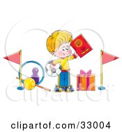 Poster, Art Print Of Sporty Little Boy Holding Up A Book And Soccer Ball Surrounded By Sports Gifts