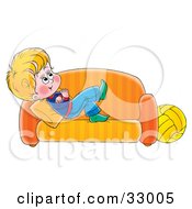 Clipart Illustration Of A Happy Blond Boy Relaxing And Day Dreaming On An Orange Couch by Alex Bannykh