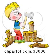 Poster, Art Print Of Little Blond Boy Chopping Wood With An Ax