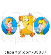 Poster, Art Print Of Boy And Girl Looking At A Book Character Wearing Glasses