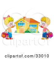 Poster, Art Print Of Boy And Girl Holding Their Bags And Presenting Their School Building