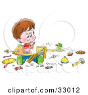 Clipart Illustration Of A Boy Surrounded By Broken Clock Pieces Trying To Repair It