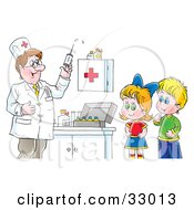 Poster, Art Print Of Doctor Preparing A Syringe For Shots While A Boy And Girl Watch