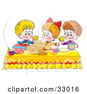 Poster, Art Print Of Girl And Two Boys Eating Bread And Bagels At A Picnic Table
