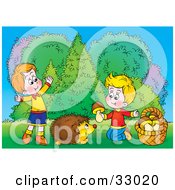 Clipart Illustration Of Two Little Boys Giving A Hedgehog Mushrooms by Alex Bannykh