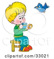 Little Blond Boy Sipping Tea And Eating A Donut A Bird Flying By