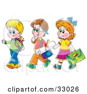 Clipart Illustration Of A Girl Walking With Two Boys On The Way To School