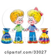 Poster, Art Print Of Little Boy And Girl Holding Hands And Standing With Bags