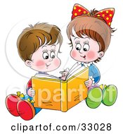 Poster, Art Print Of Sister And Brother Sitting On The Ground And Reading A Book Together